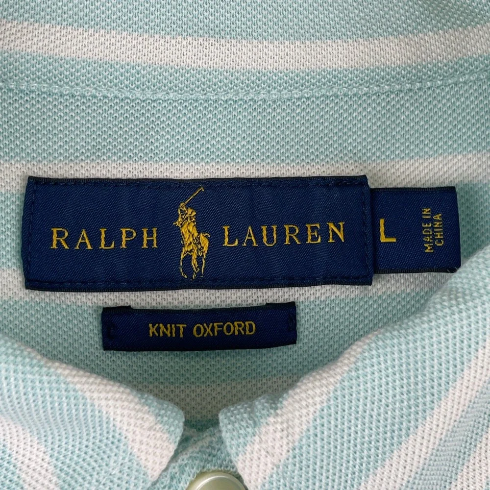 Ralph Lauren Knit Oxford Polo Button Shirt Men L Green Striped Cotton Preppy EUC